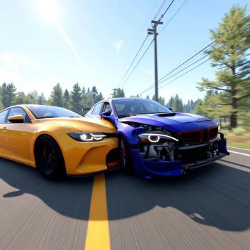 A realistic, high-resolution photograph of a thrilling car collision in BeamNG.drive, captured in an outdoor setting with vivid colors. The scene depicts a dynamic, action-packed crash test with detailed vehicle deformation. The style is inspired by automotive photography, with influences from motorsport imagery and racing simulation screenshots. The camera captures the moment in a wide-angle view, with a focus on the impact, using a high-speed shutter to freeze the action. The lighting is natural, with bright sunlight casting dynamic shadows and highlights on the cars, enhancing the scene's realism. Rendered in Unreal Engine, the attention to detail showcases the intricate damage modeling of BeamNG.drive. (high resolution:1.2), (hyperrealistic:1.1), (dynamic composition:1.3).