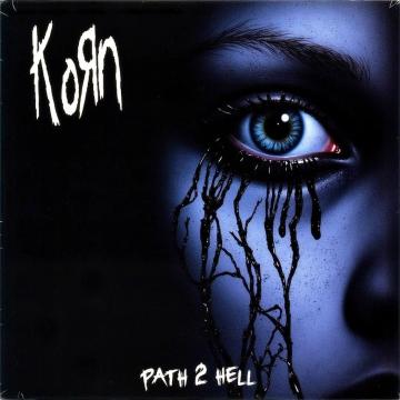 Emo, 2000s, nu-metal album cover, KoRn, gothic, haunting, black and blue, dull, eye, ((hyper realistic)), ((wet skin)), ((album: "Path 2 Hell")), ((band: Korn)), ((debut: 1993))