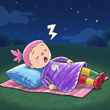 Pinky Dinky Doo (Season 2), a character with pink hair in a ponytail and a blue scrunchie , a purple long sleeved dress with a swirl, red, yellow and green leggings, red shoes, peacefully sleeping on a blanket on the ground, lying down on her back, one hand on her tummy, mouth open as if snoring, under a starry night sky, Z's floating above her head, digital illustration, vibrant colors, cartoon style, inspired by classic children's book illustrations, soft light, dreamy and whimsical atmosphere, wide angle view, medium shot, highly detailed, fantasy vivid colors, 4K resolution.