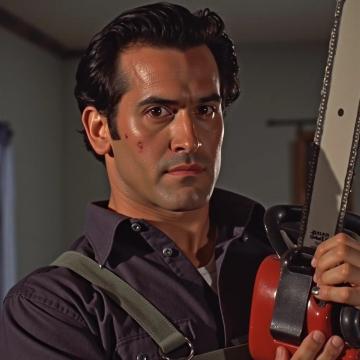 Groovy Ash Williams with his chainsaw intimidating