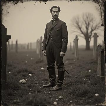 Ash Williams  standing in  a graveyard 1878 tintype 