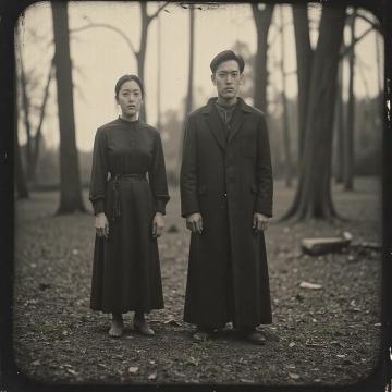 Ash  and sadako   standing in  a graveyard 1878 tintype 