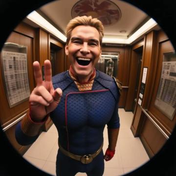 Homelander in an elevator doing a piece sign and smiling , ((fisheye))