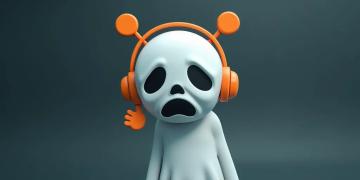 Fake screenshot of ghost with a sad expression and orange earmuffs with antennas