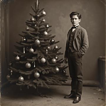 Ash  standing  by a Christmas tree 1878 tintype 