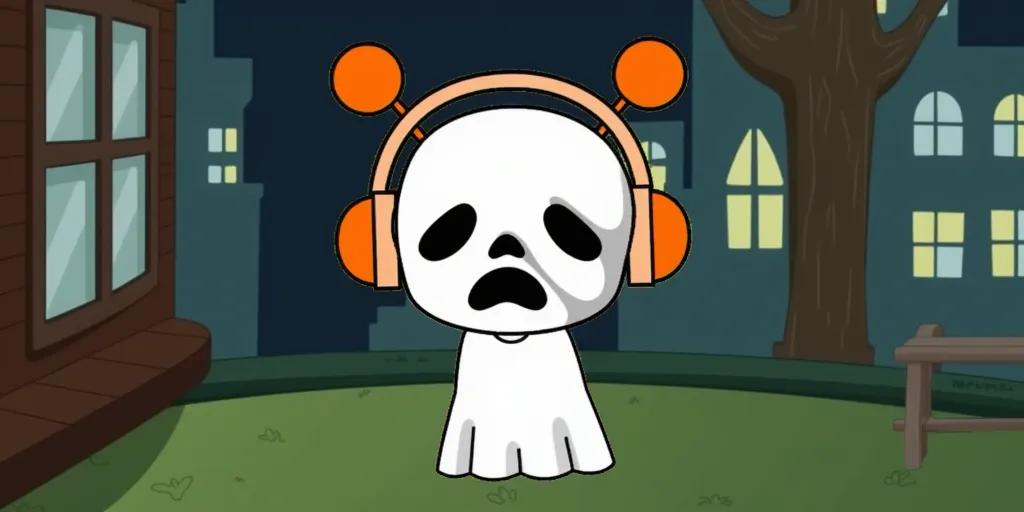 Cartoon screenshot of ghost with sad expression orange earmuffs and antennae inside the old fashioned haunted house