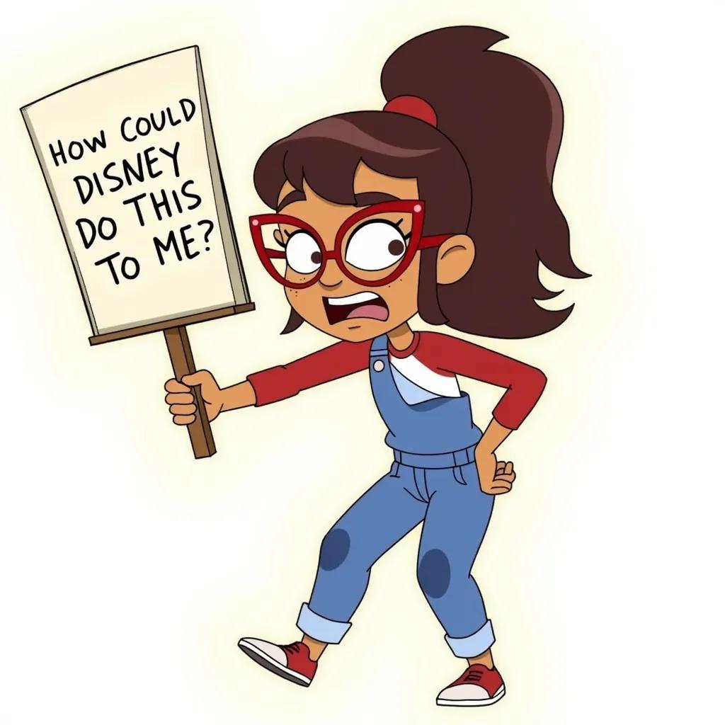 Hailey Banks from "Hailey’s On It!" is angry holding up a sign labeled "How could Disney do this to Me?!" She is wearing red glasses, a red long-sleeve shirt, blue overalls, and sneakers. Her hair is tied up in a high ponytail. 