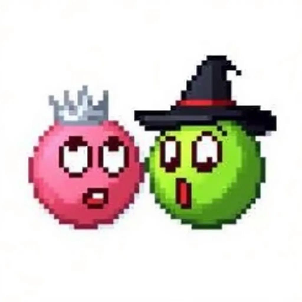 MSN Messenger emoticon icon, retro computer graphics, detailed pixelation. a pink emoticon wearing white tiara is whispering in a green emoticon's ear, the green one is suprised and wearing a black witch hat, white background, expressive eyes