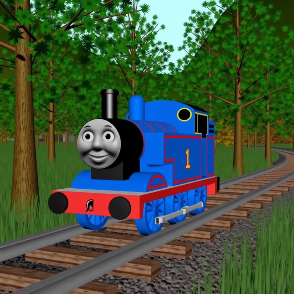 "Thomas PC Adventures: A 3D-rendered scene featuring Thomas the Tank Engine on a railway track, surrounded by a forest. Thomas, the blue steam engine with a smiling face, is positioned prominently in the image, with trees and foliage visible in the background."