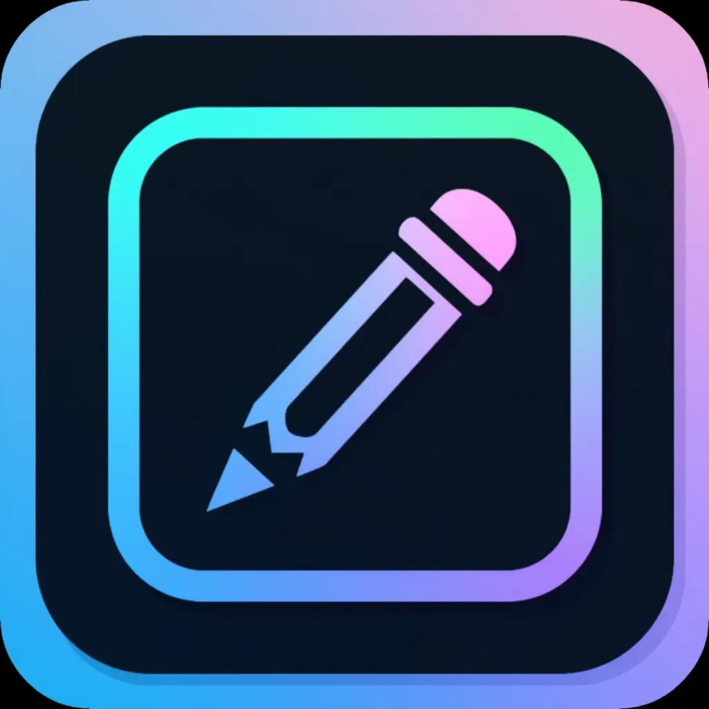 An app icon featuring a simple pencil design outlined in gradient colors of blue, pink, and green on a dark background. The pencil is centrally positioned, encased within a rounded square border matching the gradient coloring, suggesting a theme related to writing or drawing applications.