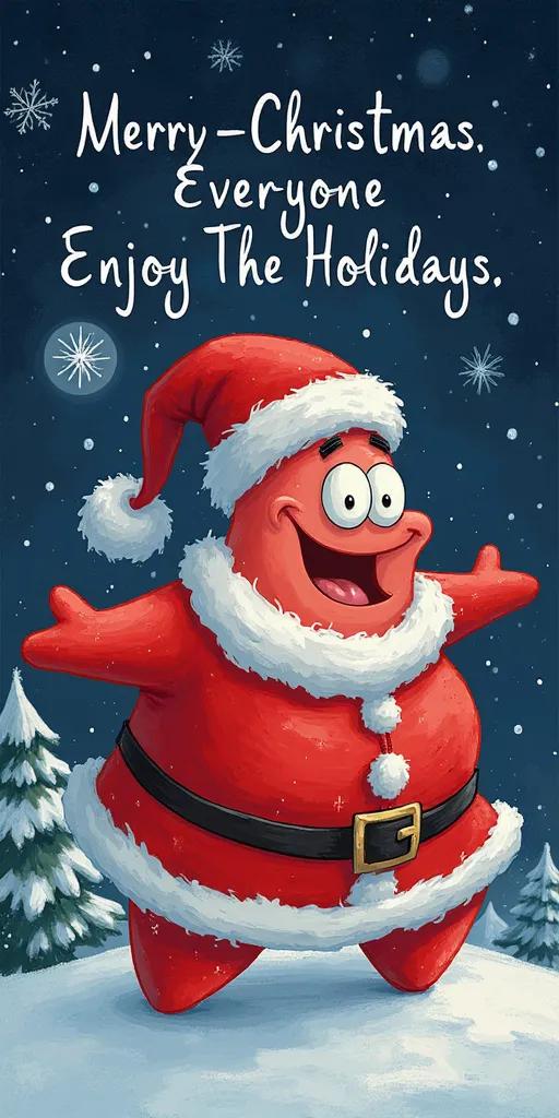 patrick Star in a santa claus costume in the middle of the picture is written merry Christmas everyone enjoy the holidays 