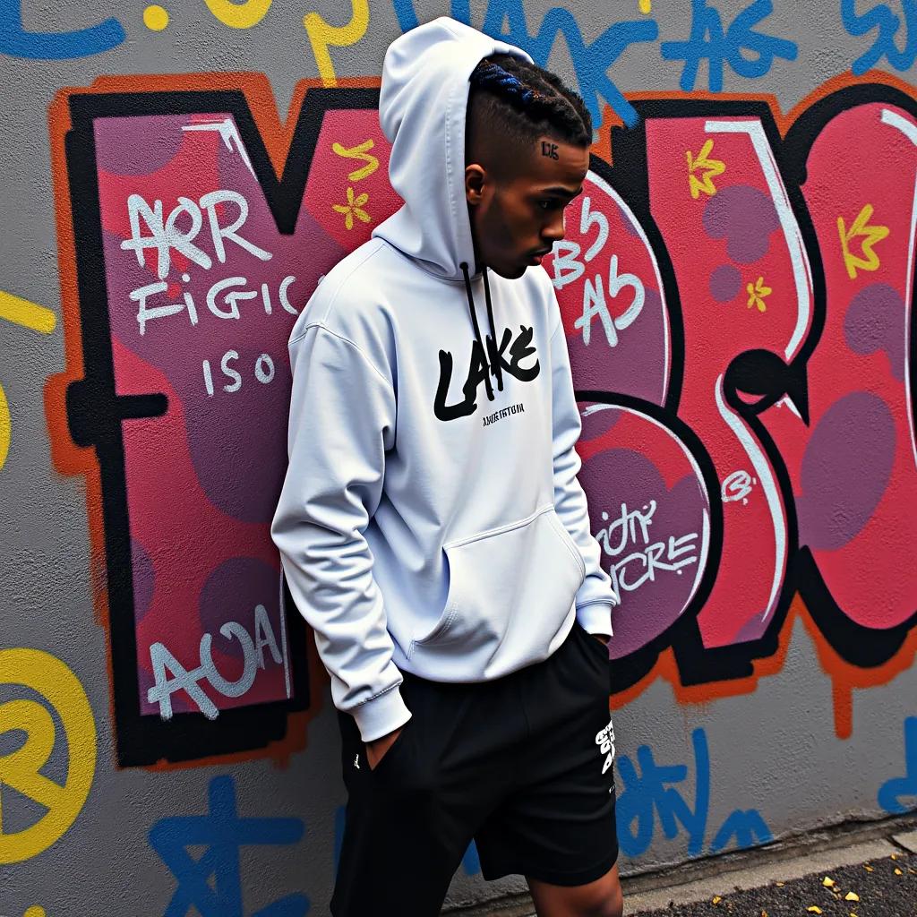 XXXTENTACION in a white hooded sweater and black shorts, silhouetted against a graffiti-covered urban wall, digital illustration, street art style, inspired by Banksy's gritty aesthetics, medium shot, side view, (dynamic composition:1.2), vivid colors with emphasis on shadows, soft ambient light, 4K resolution, highly detailed texture, (artstation:1.1).