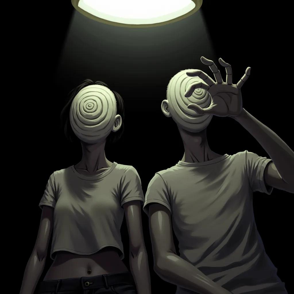 A digital illustration depicting two abstract humanoid adults from the top of the camera of ugly people, a woman and a man with shirtless faces distorted into a spiral, looking down directly into the camera. They hold their hands out straight into the camera. The light source falling from above on the characters' heads, blocking them, casts shadows on their empty faces and emphasizes their creepy, unnatural appearance. The scene is immersed in darkness, which enhances the mysterious and disturbing atmosphere.