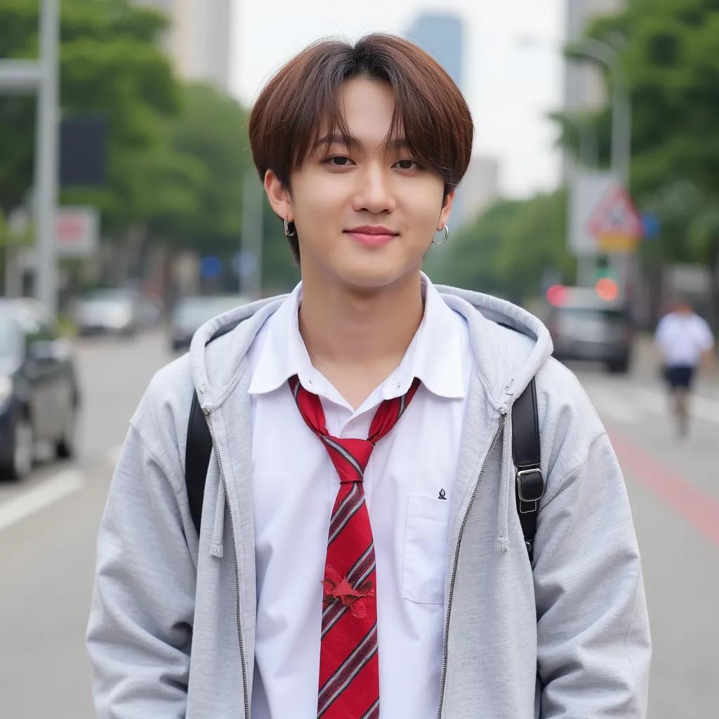 Changbin of Stray Kids wearing a white shirt with a red necktie with a diagonal stripe pattern, and a light gray hooded zipped hoodie. Standing on the sidewalk in the city of Bandung, happy face