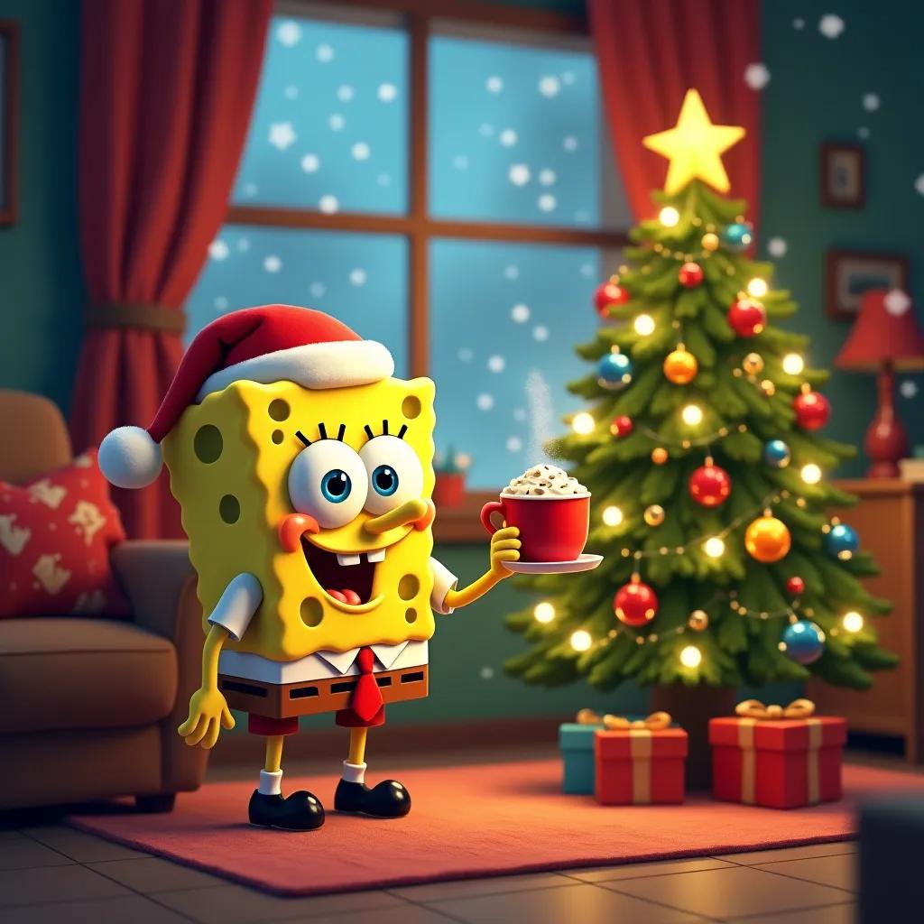 SpongeBob SquarePants holding a hot cocoa standing next to a Christmas tree in a cozy living room, digital illustration, warm and inviting atmosphere, decorated with colorful ornaments and twinkling lights, snow gently falling outside the window, inspired by Norman Rockwell, studio lighting, front view, (vivid colors:1.2), (nostalgic lighting:1.1), high resolution, (intricate details:1.15), bokeh background.