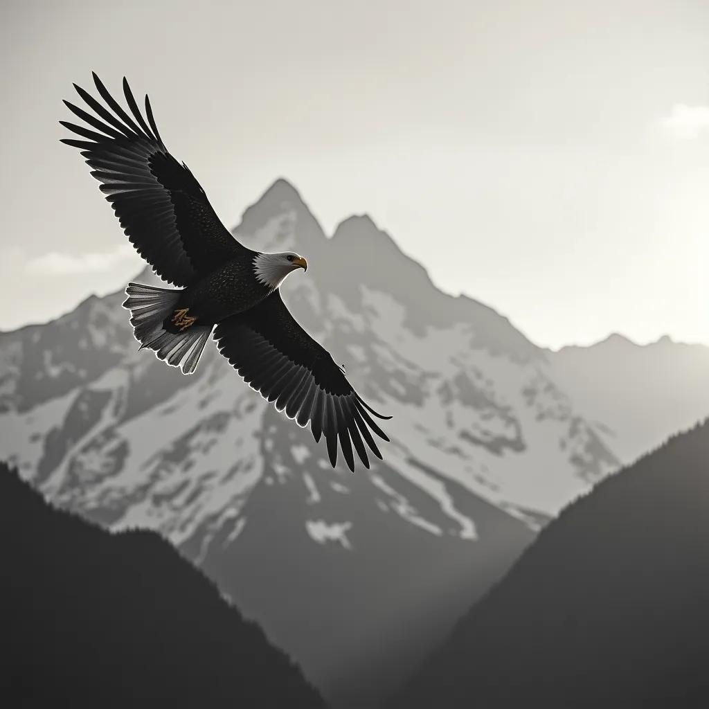 A majestic eagle in flight over a snow-capped mountain range, capturing the golden hour glow with an Ansel Adams-like high-contrast black and white technique.