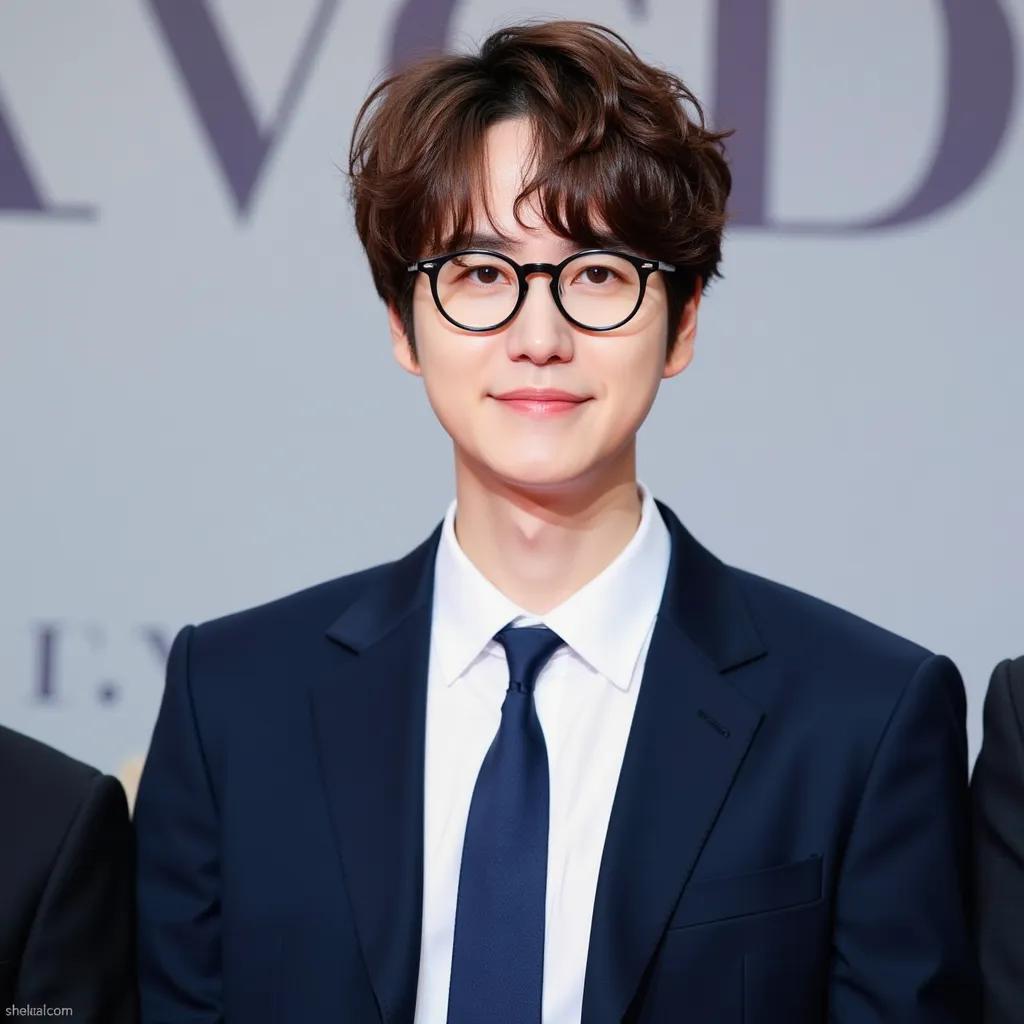 Kyuhyun of SUPER JUNIOR  wearing glasses and a suit with a white shirt and navy blue necktie. He has short curls, brown hair and is looking directly at the camera. He's smiling and standing against a backdrop with partially visible text.